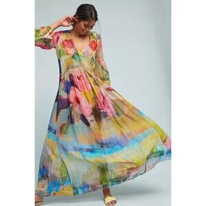 Anthropologie Albano Caftan Dress Maxi Watercolor Floral Multicolor Sheer Small